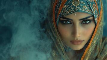 A striking woman gazes intensely while enveloped in dreamy, swirling mist photo