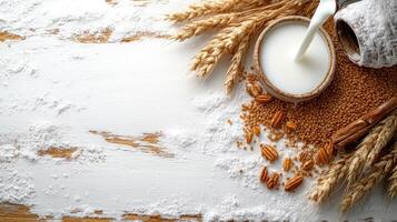 Rich textures of grains and nuts surround a bowl of milk on a rustic surface photo