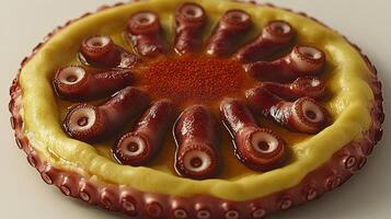 Tender octopus tentacles elegantly arranged on a bright yellow base create a feast photo