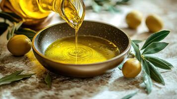 Rich olive oil flows into a stylish bowl, complemented by vibrant olives and leaves photo