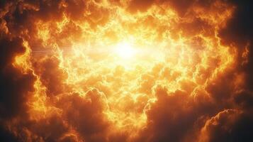 Golden rays burst through dark clouds, creating a stunning view at sunrise photo