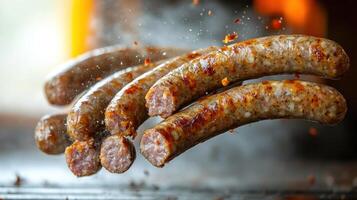 Savory sausages hover above the grill, splashed with spices and surrounded by smoke photo