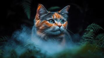 A calico cat rests in ferns, mist curling around its fur in the evening light photo