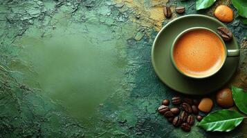 A warm cup of coffee accompanied by roasted beans and vibrant leaves on a rustic backdrop photo