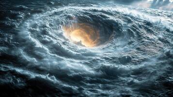 A tumultuous whirl of clouds engulfs a golden glow emerging from the depths photo