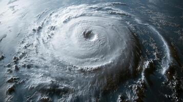 An intense cyclone forms over the sea, displaying swirling clouds and turbulent waters photo