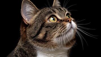 A tabby cat intently looks up, its bright green eyes sparkling in the dark photo