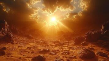 Golden rays pierce through swirling clouds, illuminating a rocky and surreal terrain photo