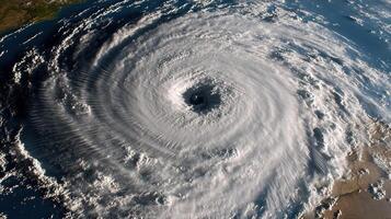 A powerful cyclone forms over the ocean, displaying swirling clouds and intense energy photo