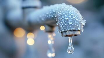 Water drips from a metallic faucet, illuminated by soft, blurred background lights photo