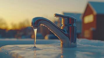 Water trickles from a frosty faucet as the sun sets, casting warm light over snow photo