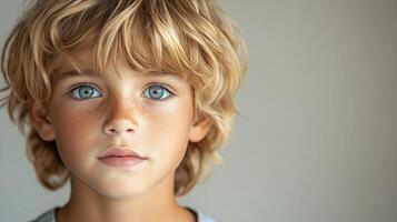 A young child with captivating blue eyes is lost in deep contemplation photo