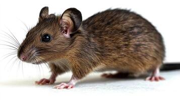 A curious brown mouse with bright eyes explores a clean white surface photo