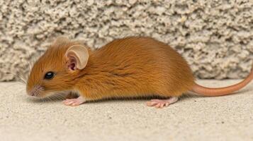 A small brown mouse scurries on a rough surface, showcasing its lively nature photo