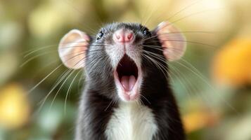 The rat looks lively as it stretches its mouth wide in a playful gesture photo