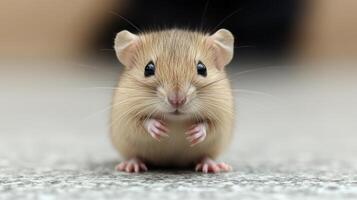 A small mouse investigates its surroundings with wide eyes and alert ears photo