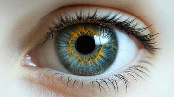 The striking colorful patterns in a child's eye captivate in the soft daylight photo