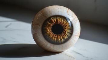 An intricately designed artificial eye lies on a smooth marble surface, casting a shadow photo