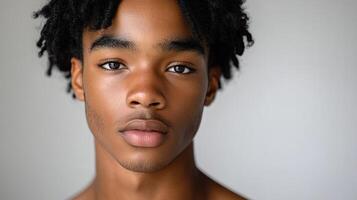 A portrait of a young man with striking features in gentle, natural light photo