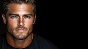 A captivating close-up of a man with striking features and a confident expression photo