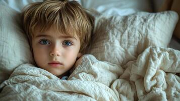 A child looks contemplatively while wrapped in soft blankets, enjoying a warm moment photo