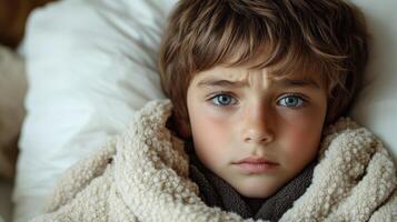 A pensive child sits wrapped in a soft blanket, deep in contemplation in a cozy space photo