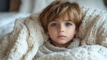 A child sits quietly, enveloped in a warm blanket, lost in thought and wonder photo
