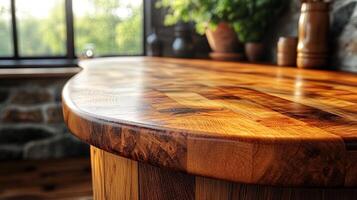 The polished wood surface glows under sunlight, inviting warmth into the kitchen photo