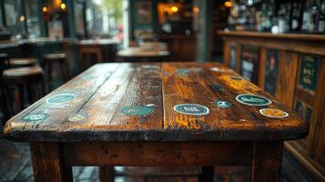 Cozy pub atmosphere with a rustic table featuring vibrant coasters and ambient lighting photo