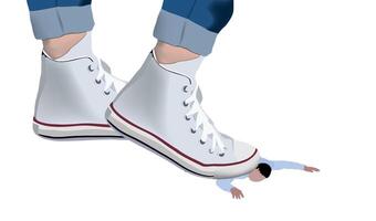 A cartoon man is standing on a shoe with his feet in the air vector