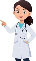 Smiling female doctor pointing with finger wearing lab coat and stethoscope vector