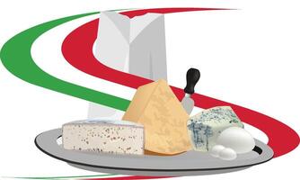 Italian cheeses selection on silver tray with cheese knife and flag vector