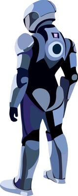 A cartoon robot standing with his back to the camera