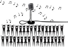 Crowd cheering at concert with vintage microphone and musical notes vector