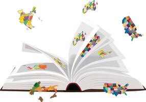 An open book with colorful maps flying out of it vector