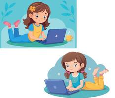 Cute little girls using laptop computers lying on floor vector