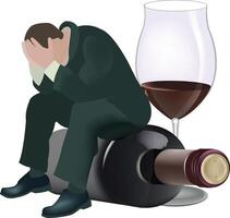 A man sitting on the floor with a bottle of wine and a glass vector