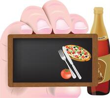 A hand holding a blackboard with a pizza and a bottle of wine vector