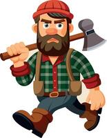 Angry lumberjack walking with axe on his shoulder vector
