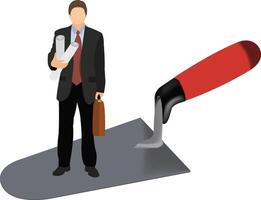 A man in a suit and tie is standing next to a shovel vector