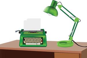 A green typewriter and lamp on a desk vector