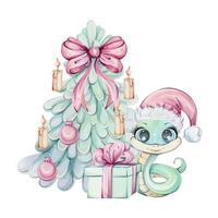 A charming snake in a Santa hat by a Christmas tree with gifts and candles, perfect for festive projects. vector