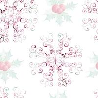 Christmas watercolor seamless pattern - openwork snowflake. Bouquet with holly green leaves and red berries. Winter composition, decor in retro style. For wallpaper, background, fabric, printing. clip art vector