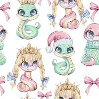 Adorable snakes, Cartoon. Symbol wealth of Chines New Year 2025 in cute cartoon style seamless pattern for souvenirs, printing, packaging, fabric Creatures Designed with Vibrant and Festive Themes for All Occasions. vector