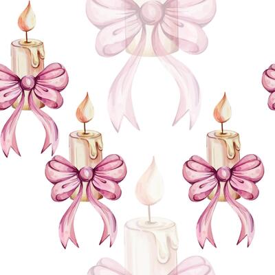 Watercolor seamless pattern - christmas candle and bow, with fir. Hand painted compositions. Winter holiday decoration in retro, vintage style. Hand drawn illustration. For wallpaper, background, fabric, printing. clip art