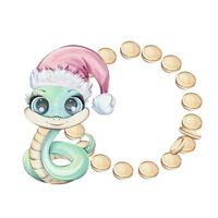 Adorable Cartoon Snake in red Santa hat Featuring a Charming Crown Surrounded by a circle Frame of coins. Symbol wealth of Chines New Year 2025 in cute cartoon style for souvenirs, printing, packaging, fabric. vector