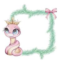 Pink snake girl princess with tree branch and pink bow. Watercolor frame in cartoon style, isolated. Arrangements for labels. Cute illustration, chinese symbol of new year 2025. Clip art of reptile for souvenirs, printing, packaging. vector
