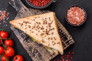 Sandwich with toast bread, meat, tomatoes, cheese, sauce, salt and spices photo