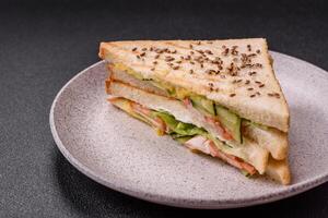 Sandwich with toast bread, meat, tomatoes, cheese, sauce, salt and spices photo