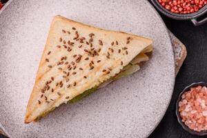 Sandwich with toast bread, meat, tomatoes, cheese, sauce, salt and spices photo